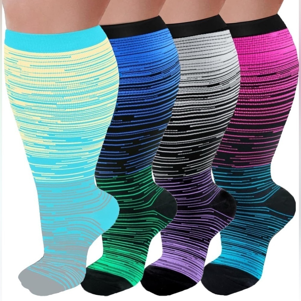 PLUS Size, Ombre Striped Compression Socks, Colorful, Abstract, Travel (1 Pair)